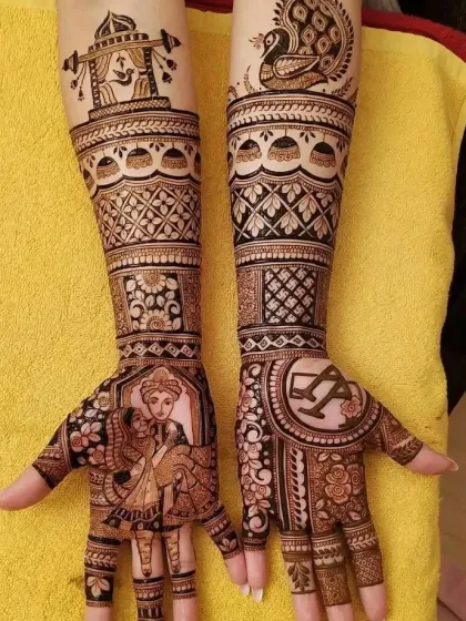 This custom design blends a portrait of the couple with personalized initials and traditional wedding symbols. One hand shows the couple, while the other features their initials in a beautiful monogram, with a wedding mandap and peacock on the arms.