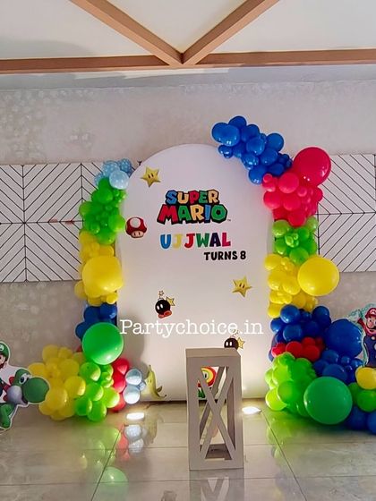 A wider view of the Super Mario party decoration, showing how it fits within a modern home interior.