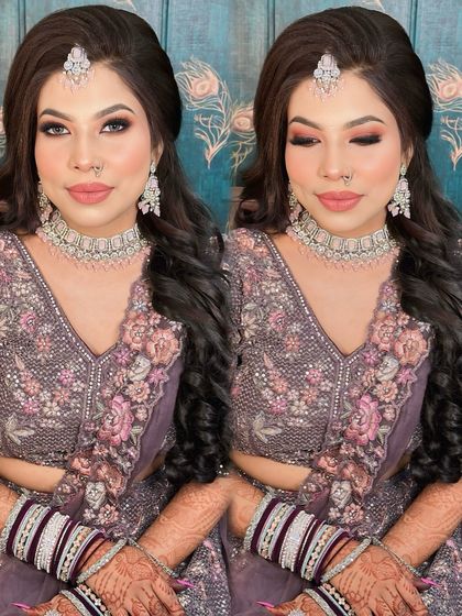 Engagement bride Tapasya in a beautiful lavender lehenga. The makeup features purple and pink tones on the eyes to match her outfit.