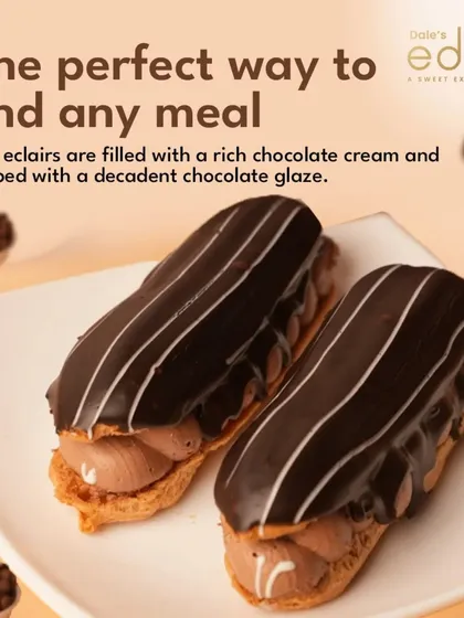 The perfect way to end any meal. Our classic chocolate eclairs are filled with a rich chocolate cream and topped with a decadent glaze.