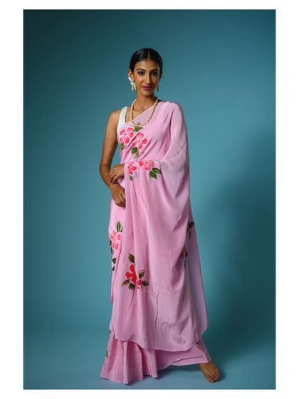 Another full-length view, this time showing the saree paired with pants, offering a modern, fusion-style look. This is great for brands targeting a younger, fashion-forward demographic.