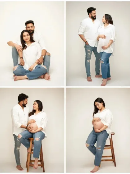 A collage showcasing a casual "jeans and white shirt" themed maternity shoot. It captures a variety of sweet solo and couple poses in a bright studio setting.