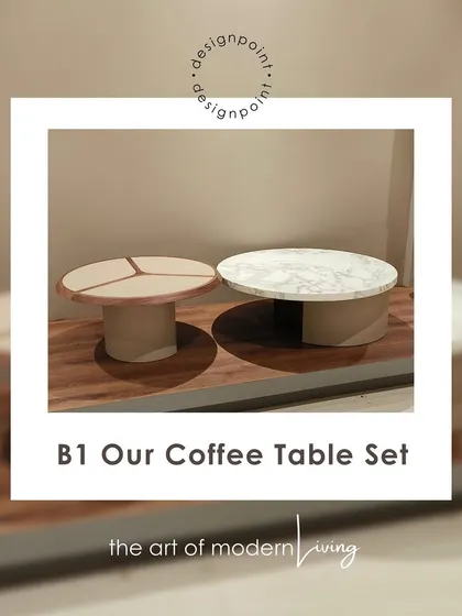 Our B1 coffee table set features a mix of materials, with one table having a segmented wood top and the other a clean white marble finish.