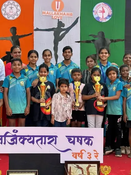Our young Mallakhamb athletes with their trophies from the Ajinkyatara Chasak competition. We have teams competing from U-10 to U-18.