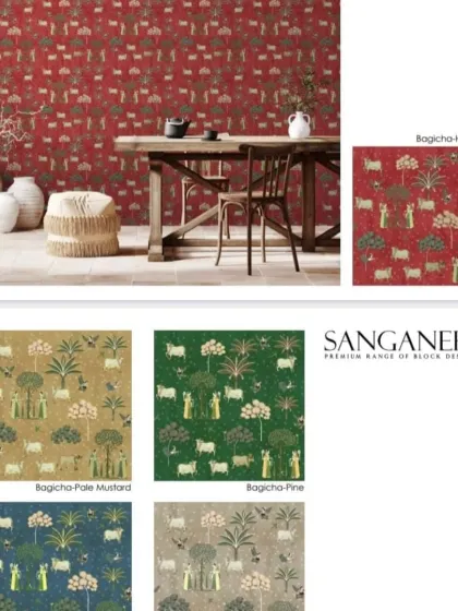 The 'Bagicha' design from my Sanganeri collection. This pattern, featuring pastoral scenes with figures and animals, comes in beautiful colors like Hot Red and Pine Green.