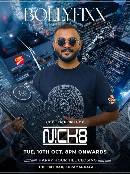 This poster for a "Bollyfixx" night at The Fixx Bar in Koramangala highlights my regular gigs. I specialize in dropping the latest Bollywood, Punjabi, and Commercial bangers to keep the weekday crowd energized.