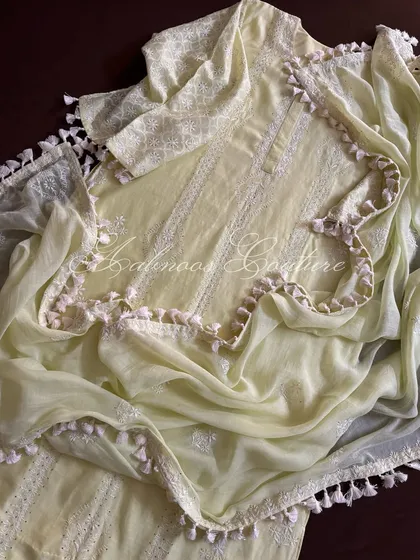 Another angle of the complete set, showing the beautiful drape of the mul dupatta.