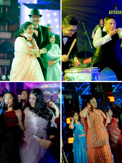More candid shots from the Sangeet, from guests playing instruments to friends and family owning the dance floor.