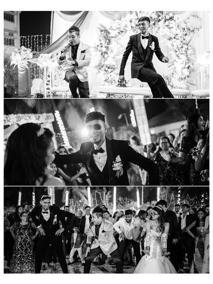 A black and white collage capturing the high energy of the groom and guests on the dance floor. The images freeze the motion and joy of the reception party.