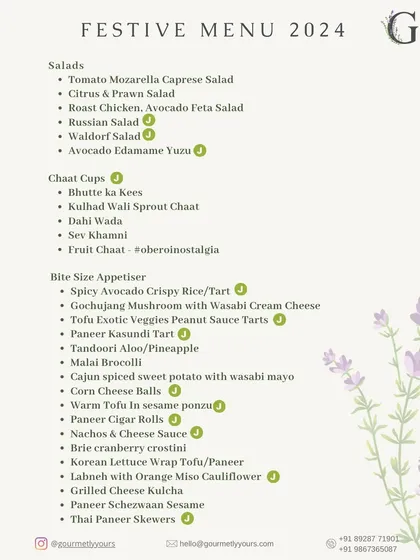 A detailed look at the salads, chaat cups, and bite-sized vegetarian appetizers on our 2024 Festive Menu, showcasing a wide variety of creative options.