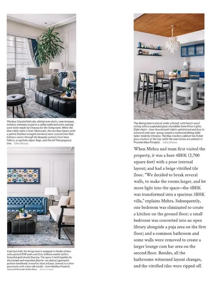 Another view from a press feature, showing the blue Chesterfield sofa, cane-back armchairs, and a modern coffee table, illustrating our eclectic approach.