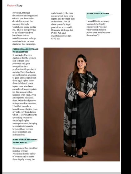 A feature story in 'Womanpreneur' magazine. The article discusses the challenges women face in a patriarchal society and the importance of being aware of one's legal rights.