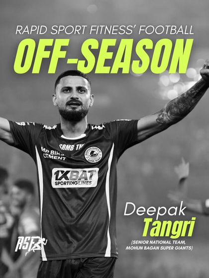 Featuring Deepak Tangri of Mohun Bagan Super Giants, this image promotes our Off-Season program. His success story after injury is a powerful example of how our tailored rehab and return-to-sport programs help athletes come back stronger.