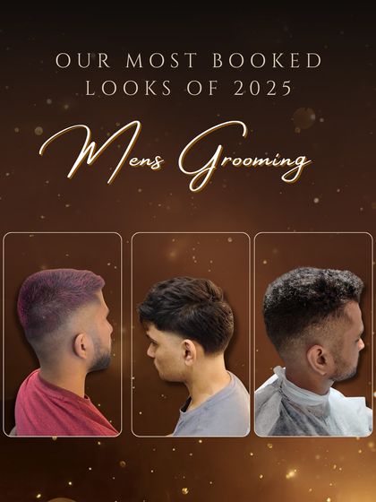 A look at our most-booked men's grooming styles of the year. This collage features a variety of modern cuts, including fades and creative colour.