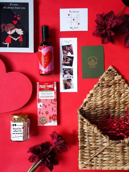 A flat lay of the 'Be Mine Valentine' hamper, showcasing the variety of personalized and sweet treats.