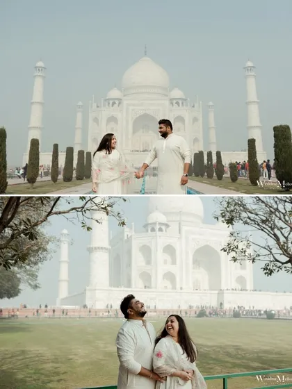 A diptych showcasing the grandeur of the Taj Mahal. These shots capture the scale of the monument and the couple's relationship to it, creating a sense of awe and romance.