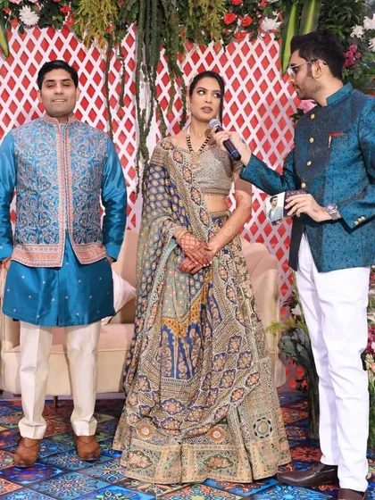 Anchoring the magical Mehendi ceremony for Varun and Bhumi at Tijara Fort Palace, where every moment was filled with love and laughter.