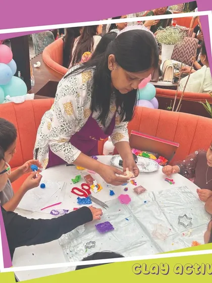 A clay activity in full swing during a themed party. I can incorporate different art projects like this into any celebration to keep the kids engaged and entertained.