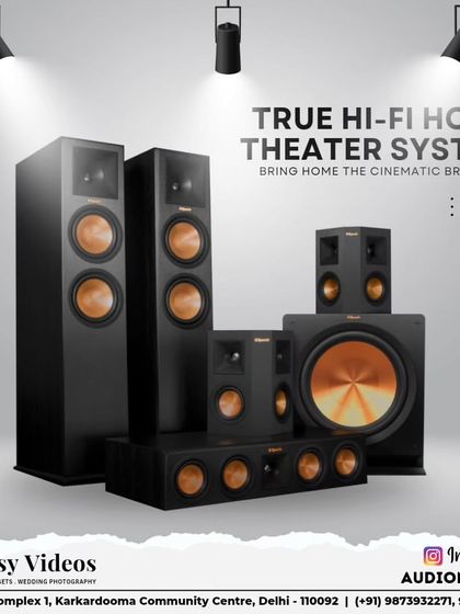 This graphic showcases a Klipsch True Hi-Fi Home Theater System. We use visuals like this to help clients understand the different components that make up a complete surround sound setup.