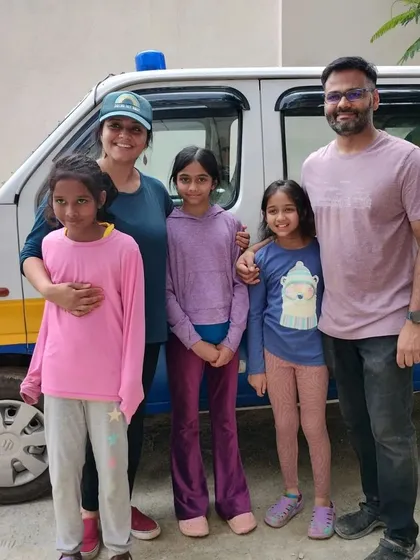 Anoushka, Nimika, and their family stand proudly by our pet ambulance. Their constant support and infinite love for our babies make our work possible.