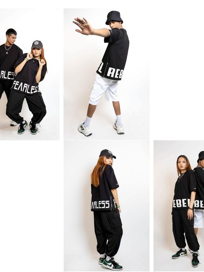 This collage showcases various looks from the streetwear collection. It demonstrates my ability to create multiple distinct outfits using a core set of black graphic tees.