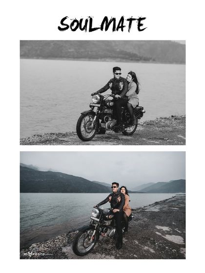 A classic black and white collage of the couple on their motorcycle by the lake. This layout shows different angles and moments from their biker-themed shoot.