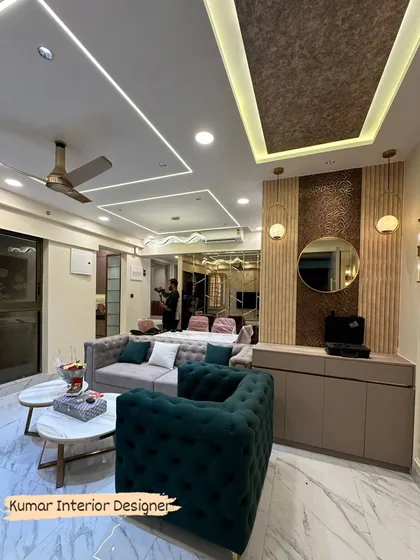 This perspective shows the decorative wall paneling and custom sideboard, highlighting the luxurious details of the interior design.
