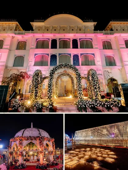 A glimpse of the regal affair we planned in Jaipur. The venue was lit to highlight its architectural beauty, with a grand floral mandap and a candle-lit aisle creating a truly royal path for the couple.