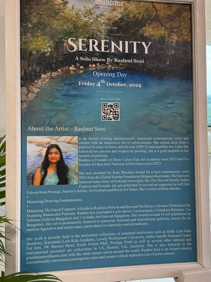 The official poster for the 'Serenity' exhibition, with details about the artist Rashmi Soni.
