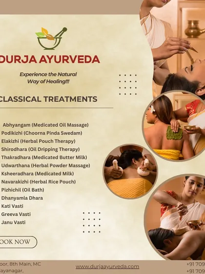 This collage showcases the variety of our classical Ayurvedic treatments. From medicated oil massages like Abhyangam to herbal pouch therapies like Elakizhi and oil dripping treatments like Shirodhara, we offer a comprehensive range of services for complete rejuvenation.