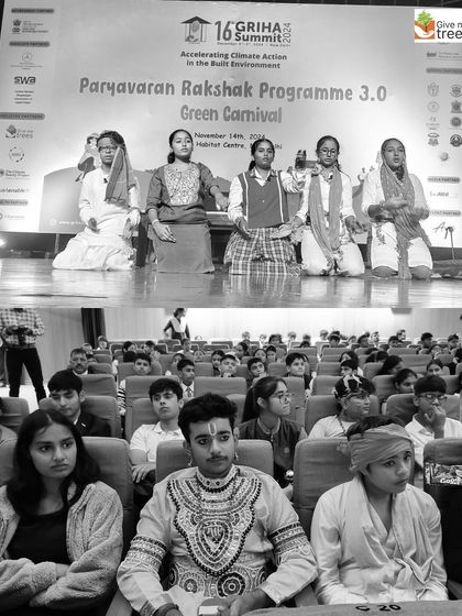 Students perform a play about environmental protection on stage, while others watch intently from the audience. Using theatre is an effective way to convey complex messages.