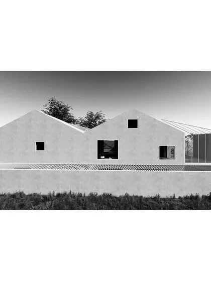 The elevation of the "House with Three Gables" presents a simple, almost traditional silhouette to the street, belying the spatial complexity within.