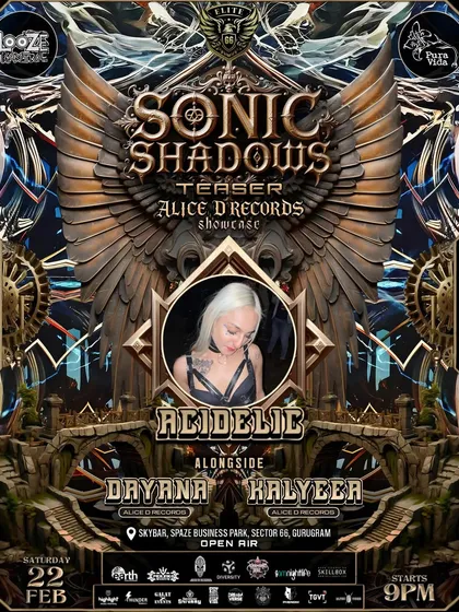 An artist feature poster for Acidelic, one of the supporting acts at our Sonic Shadows teaser party. We believe in promoting the full lineup.