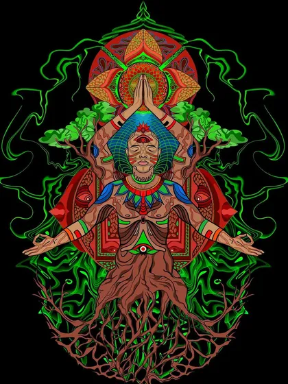 This is my detailed digital illustration of the Root Chakra, or Muladhara. I've layered spiritual symbols, like the third eye and the tree of life, with vibrant neon greens and earthy tones to capture a sense of grounded, cosmic energy. This piece shows my deep dive into creating visionary art.