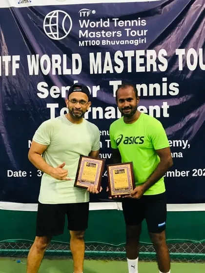 With my doubles partner after winning the title at the Telangana MT100 ITF Master Tour. Teamwork makes the dream work.