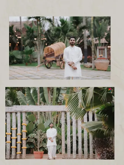 A collage of the groom in his traditional white wedding attire, posing in a beautiful resort setting. These shots capture his calm and composed demeanor on the big day.