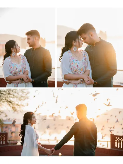 A beautiful sunset shoot for Praveen and Chaithra by the lake, with pigeons flying around them, creating a dynamic and romantic scene.