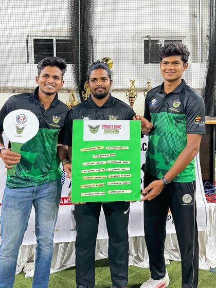 The Strive & Shine Rangers team owners proudly displaying their player list after the SSPL auction.