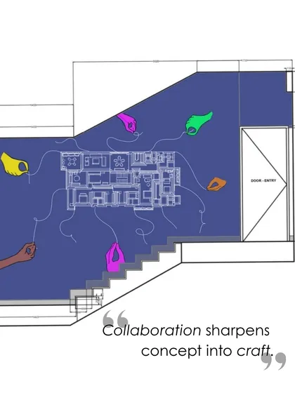 Another concept sketch for the staircase project, illustrating how collaboration sharpens an idea. The drawing shows multiple hands contributing to a central design plan.