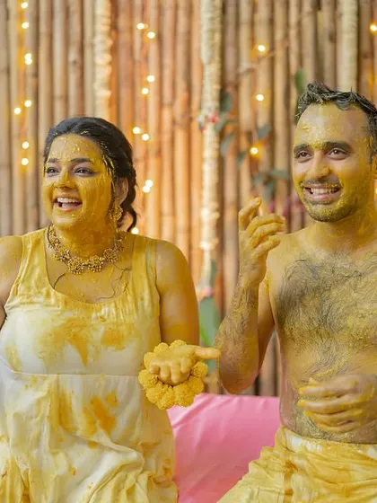 The couple's happy faces say it all. This was such a fun and energetic Haldi ceremony to capture.