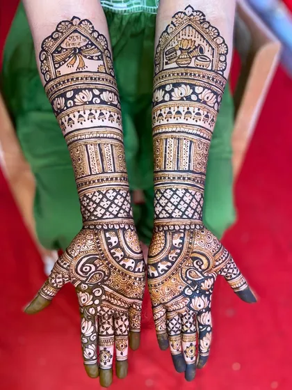 A full view of the arms, showcasing traditional wedding procession elements like the doli and kalash, perfect for a classic bride.