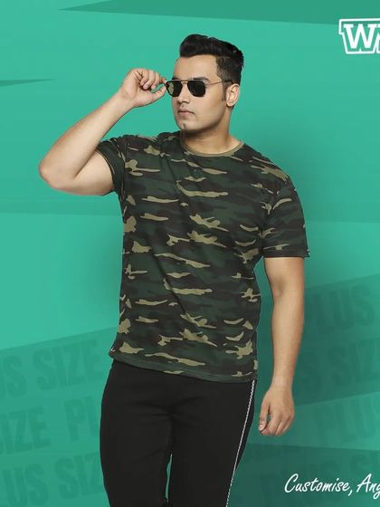 A plus-size camouflage t-shirt for men, perfect for a rugged, casual style. This comfortable tee is a great canvas for any custom design.