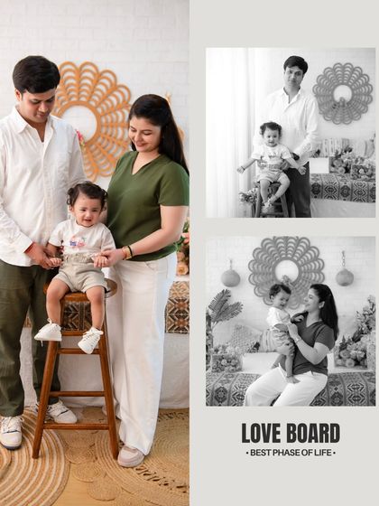 A modern take on the family album. This 'Love Board' combines a formal portrait with candid black and white moments, capturing the beautiful reality of life with a little one.