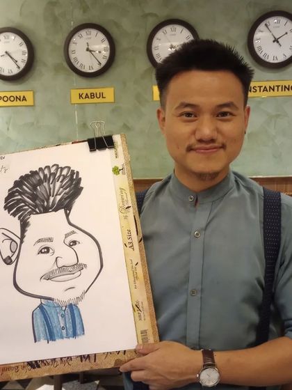 A guest from the Mr. Merchant event. The wall of clocks in the background adds a cool, vintage feel.