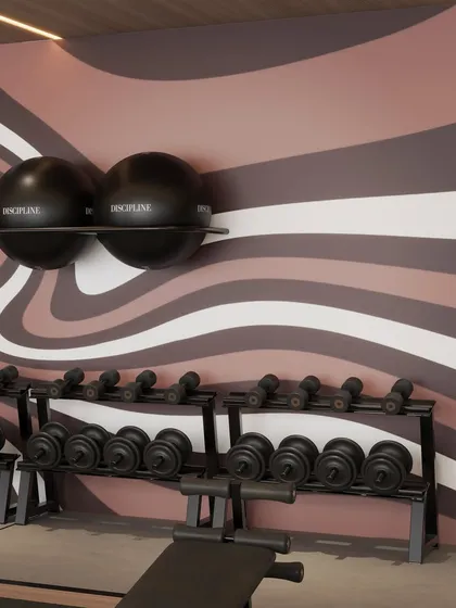 This shot focuses on the exercise balls and weight rack, demonstrating the neat and orderly storage solutions.