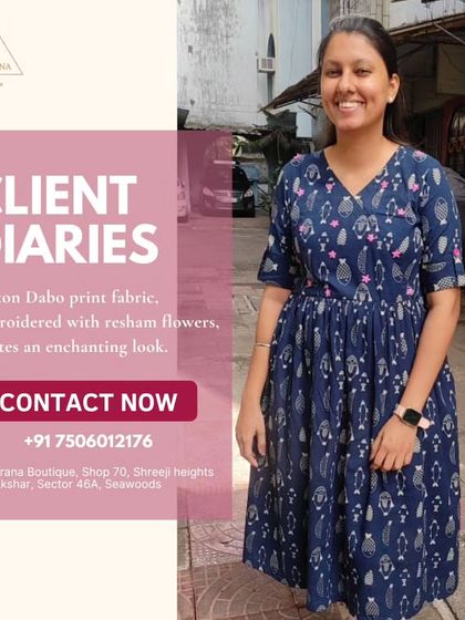 This client is wearing a lovely dress made from Cotton Dabo print fabric, embroidered with Resham flowers. It's a perfect blend of comfort and elegance.