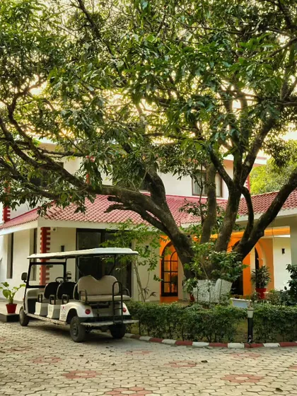 The sprawling landscape of the Doon Homestay, designed to feel both grand and intimate. We preserved the magnificent existing mango tree as a central feature, designing the driveway and garden beds around it to honor the site's natural heritage.