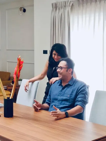 A photo of us, Kiran and Apoorva Nayak, the co-founders of Tall Storeys. Our partnership is a blend of creative exploration and practical refinement, and together we lead our team to build spaces that are both intelligent and beautiful.