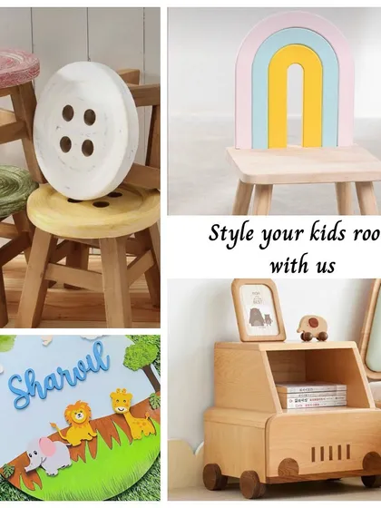 This collage gives you a little peek into the variety of items I create. From playful button stools and rainbow chairs to custom name boards and rolling storage trucks, every piece is designed to make a kid's room a world of wonder.