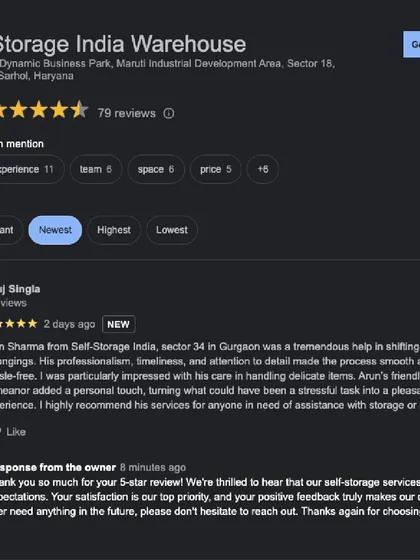 This feedback from a customer in Gurgaon praises our team's professionalism, timeliness, and attention to detail. We strive to make the process of storing your belongings smooth and hassle-free.